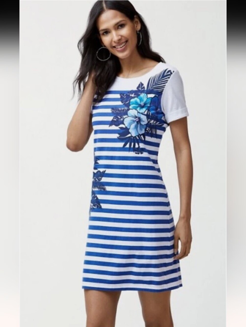 Tommy Bahama Tee Shirt Dress With Stripes And Hibiscus Print Blue/White